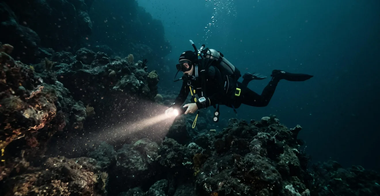 Un plongeur éclaire un tombant sombre avec une lampe torche de plongée puissante.