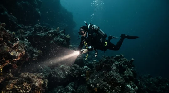 Un plongeur éclaire un tombant sombre avec une lampe torche de plongée puissante.